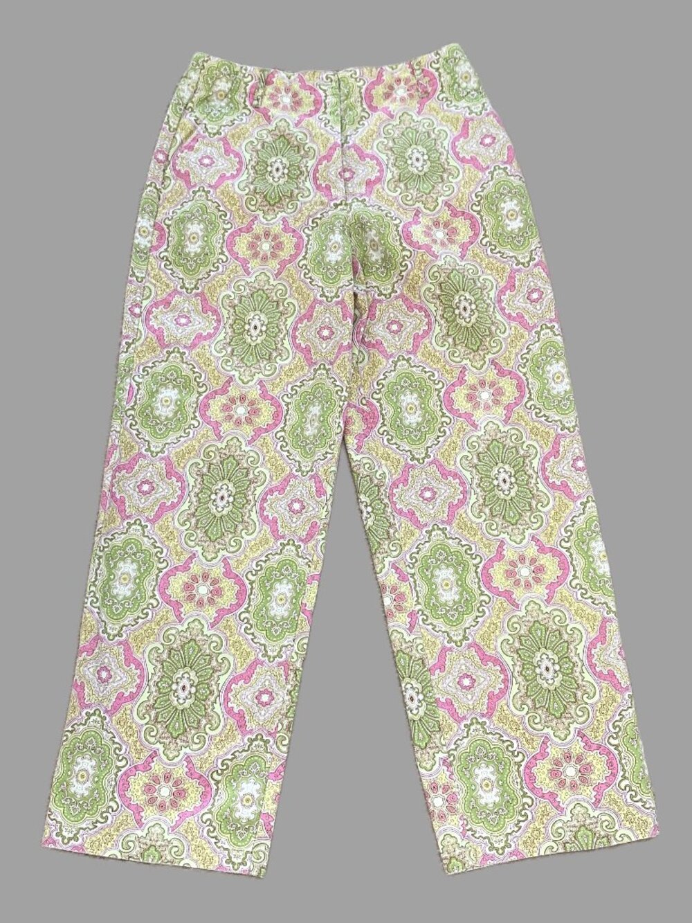 Talbots Women Medallion Print Pants Elastic Waist Straight Leg Size 2 Petite